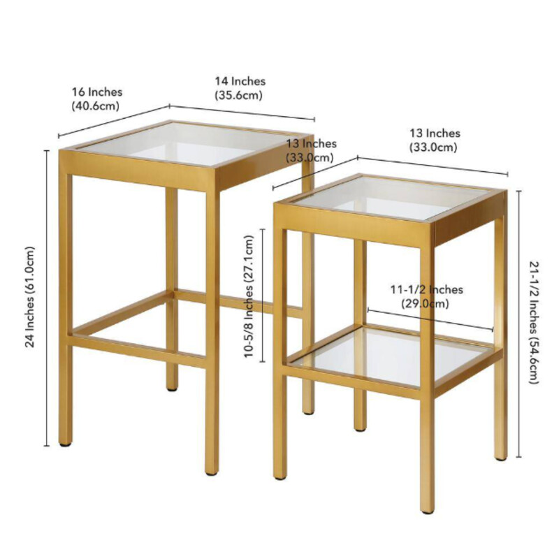 Alexis Nesting Tables<br />
Gold Steel with Clear Removable Glass Inserts<br />
Largest Table Size: 16x14x24H<br />
Nesting Table Size: 13x13x21.5H<br />
NEW