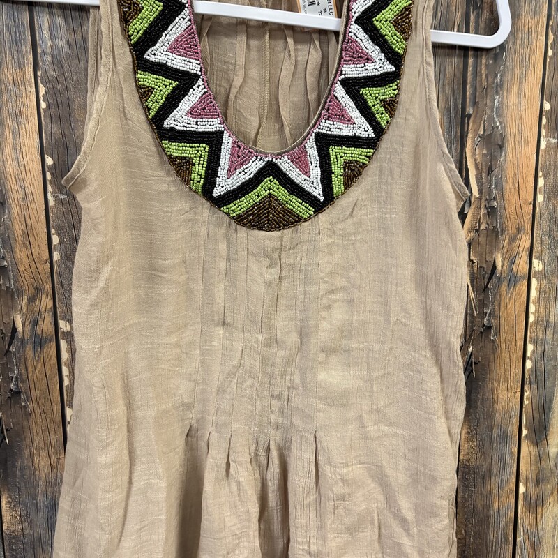 Beaded Scoop NeckTank, Tan, Size: M