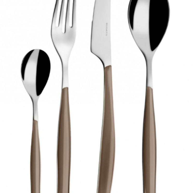 Buggati Glamour 4pc Flatware
Glossy Brown Tabacco Silver
Size: 2x9/4pc
Glamour 4  Piece Set made of the highest quality of Stainless steel 18/10 with coloured handle in SAN material. This set of flatware looks very chic, modern and delicate and is available in many colours which you can mix and match so that your table can be colorful and funky. The set includes 1 knife, 1 tablespoon, 1 dinner fork, 1 desert fork and 1 european size desert spoon. Dishwasher safe up to 130 degrees Farenheit.
Mix with Other Colors For a Festive Look!
Coordinating Pieces Sold Separately
NEW RETAIL $75+