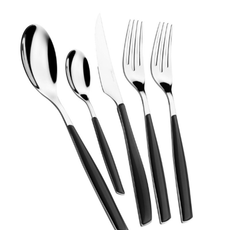 Buggati Glamour 5pc Flatware
Glossy Nero Black Silver
Size: 2x9/5pc
Glamour 5 Piece Set made of the highest quality of Stainless steel 18/10 with coloured handle in SAN material. This set of flatware looks very chic, modern and delicate and is available in many colours which you can mix and match so that your table can be colorful and funky. The set includes 1 knife, 1 tablespoon, 1 dinner fork, 1 desert fork and 1 european size desert spoon. Dishwasher safe up to 130 degrees Farenheit.
Mix with Other Colors For a Festive Look!
Coordinating Pieces Sold Separately
NEW RETAIL $75+