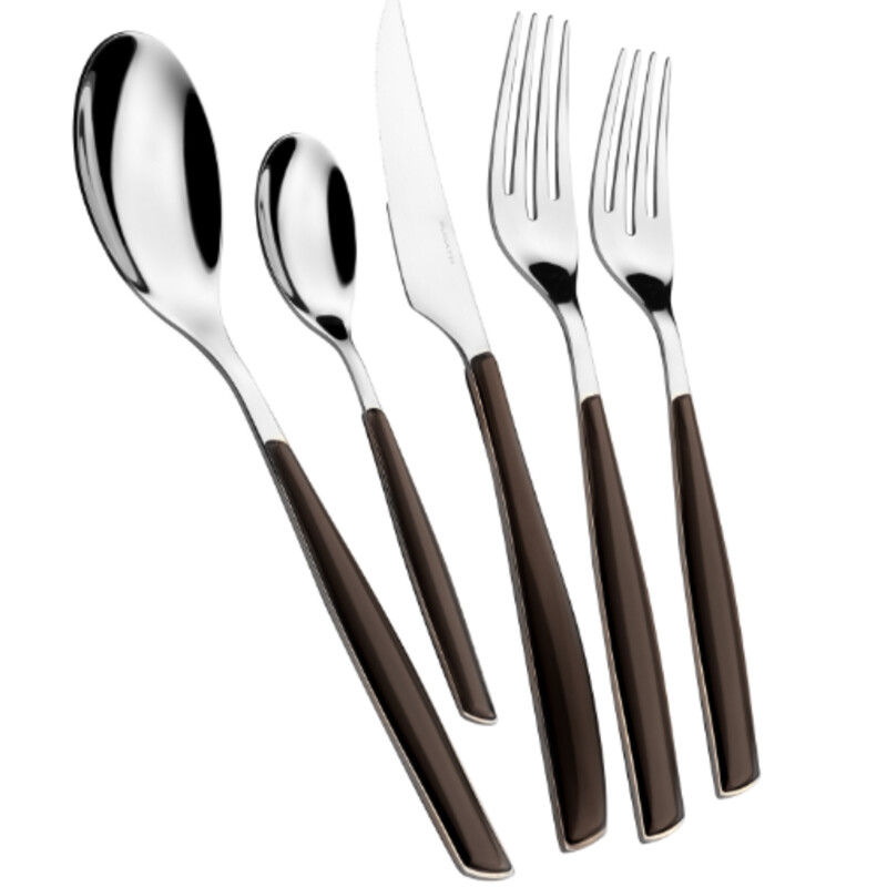 Buggati Glamour 5pc Flatware
Glossy Smoke Silver
Size: 2x9/5pc
Glamour 5 Piece Set made of the highest quality of Stainless steel 18/10 with coloured handle in SAN material. This set of flatware looks very chic, modern and delicate and is available in many colours which you can mix and match so that your table can be colorful and funky. The set includes 1 knife, 1 tablespoon, 1 dinner fork, 1 desert fork and 1 european size desert spoon. Dishwasher safe up to 130 degrees Farenheit.
Mix with Other Colors For a Festive Look!
Coordinating Pieces Sold Separately
NEW RETAIL $75+