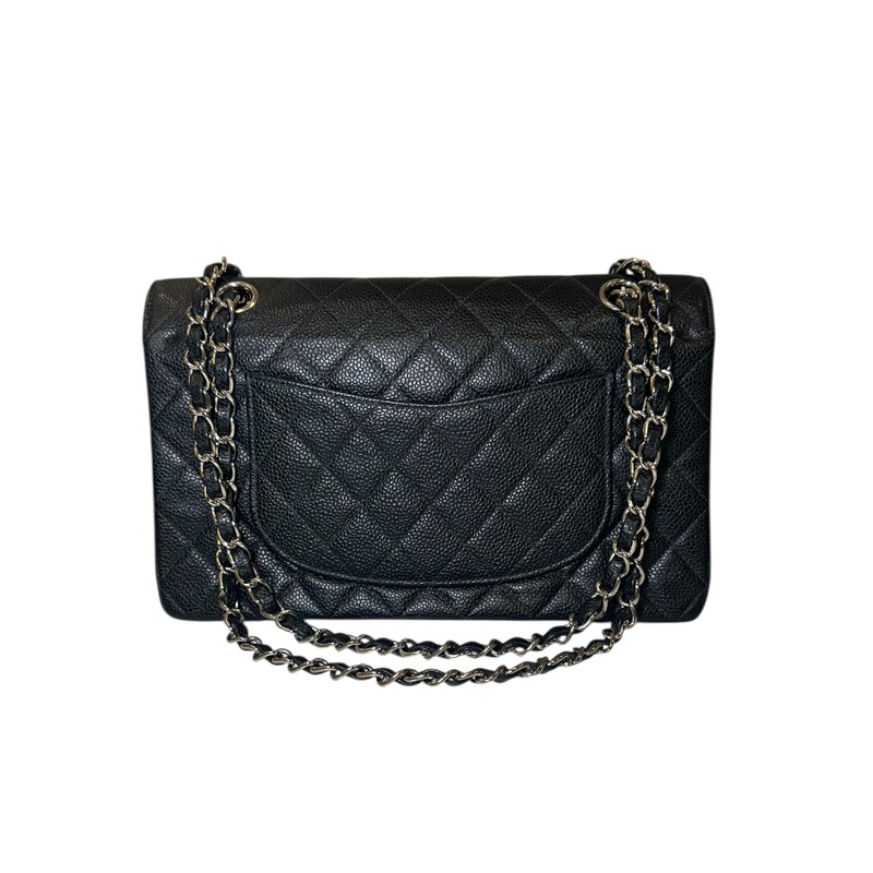 Chanel Caviar Double Flap Black Bag Silver Hardware<br />
<br />
Serial Code: 6322155<br />
<br />
Dimensions: 9.9 L  x  6 H x 2.3 W<br />
<br />
In very good condition. Some minor scratches on the hardware and some minor interior leather scratches.<br />
<br />
Comes with the original dust bag. No box.