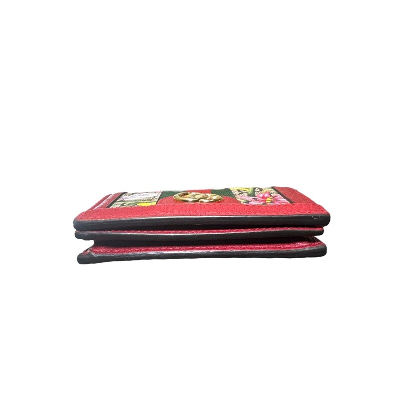 Gucci Flora Ophidia Red Wallet<br />
<br />
Style Code: 523155.0416<br />
<br />
Dimensions: 4 L x 3 H inches<br />
<br />
In very good condition. Slight tarnshing of the hardware and small mark inisde leather near the flap,<br />
<br />
Does not come with original dust bag or box.