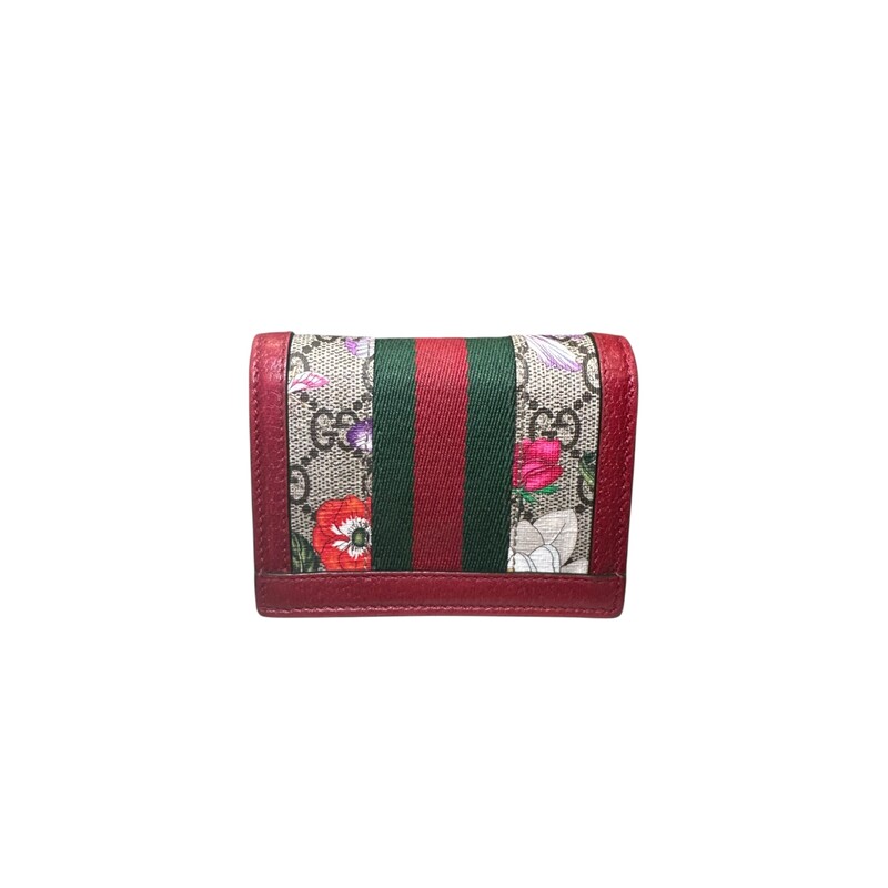 Gucci Flora Ophidia Red Wallet<br />
<br />
Style Code: 523155.0416<br />
<br />
Dimensions: 4 L x 3 H inches<br />
<br />
In very good condition. Slight tarnshing of the hardware and small mark inisde leather near the flap,<br />
<br />
Does not come with original dust bag or box.