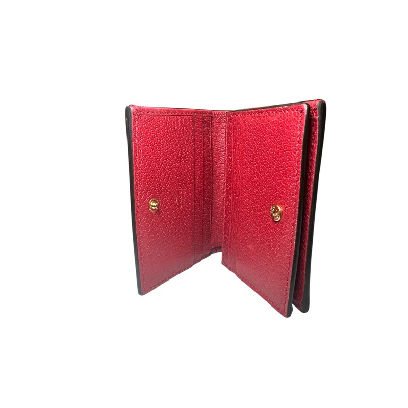 Gucci Flora Ophidia Red Wallet<br />
<br />
Style Code: 523155.0416<br />
<br />
Dimensions: 4 L x 3 H inches<br />
<br />
In very good condition. Slight tarnshing of the hardware and small mark inisde leather near the flap,<br />
<br />
Does not come with original dust bag or box.