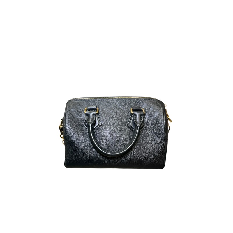 Louis Vuitton Speedy Bandoulière 20 Black Empriente<br />
<br />
Comes with Key & Lock<br />
<br />
Date Code: Microchip<br />
<br />
Dimensions: 8.1 x 5.3 x 4.7 inches<br />
(Length x Height x Width<br />
<br />
In excellent condition. Very faint hardware scratches.<br />
<br />
Comes with original dust bag. No box.