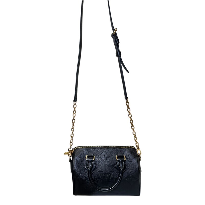 Louis Vuitton Speedy Bandoulière 20 Black Empriente<br />
<br />
Comes with Key & Lock<br />
<br />
Date Code: Microchip<br />
<br />
Dimensions: 8.1 x 5.3 x 4.7 inches<br />
(Length x Height x Width<br />
<br />
In excellent condition. Very faint hardware scratches.<br />
<br />
Comes with original dust bag. No box.