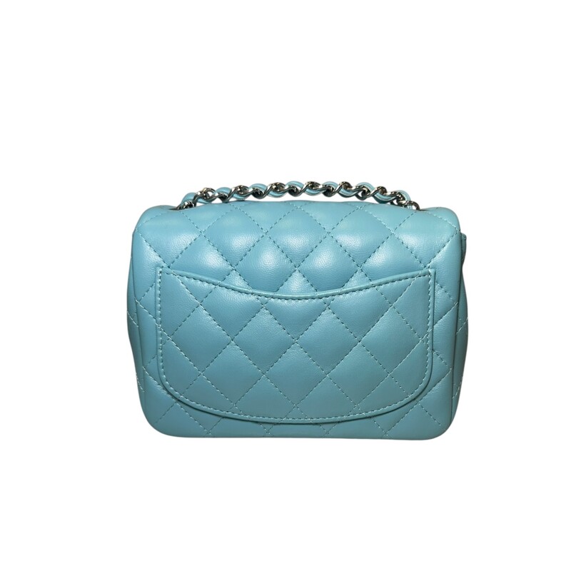Chanel Quilted Square Mini Light Blue<br />
<br />
Date Code: UC******<br />
<br />
Dimensions:<br />
Base length: 6.25 in<br />
Height: 5 in<br />
Width: 3 in<br />
Drop: 19.75 in<br />
<br />
In excellent condition.<br />
<br />
Comes with the original dust bag and box.