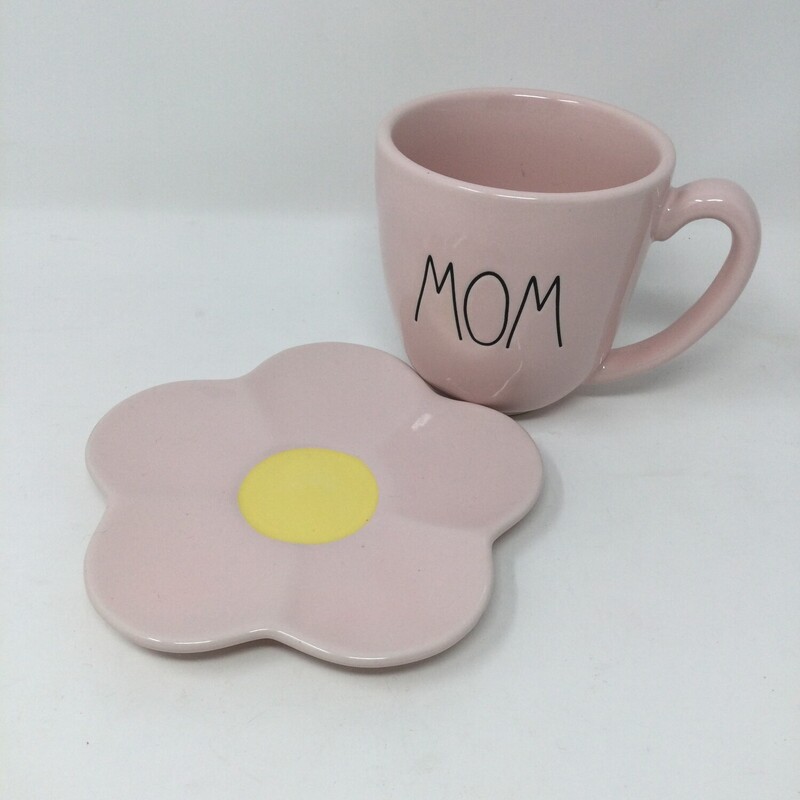 Rae Dunn Flower Mom Mug & Saucer,<br />
Pink/Black/Yellow,<br />
Size: Set Of 2