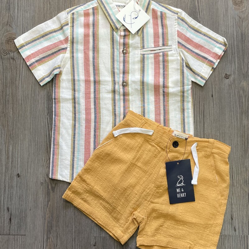 Me & Henry 2pcs Shorts/Striped Shirt, Mustard/Beige/Blue, Size: 4-5Y