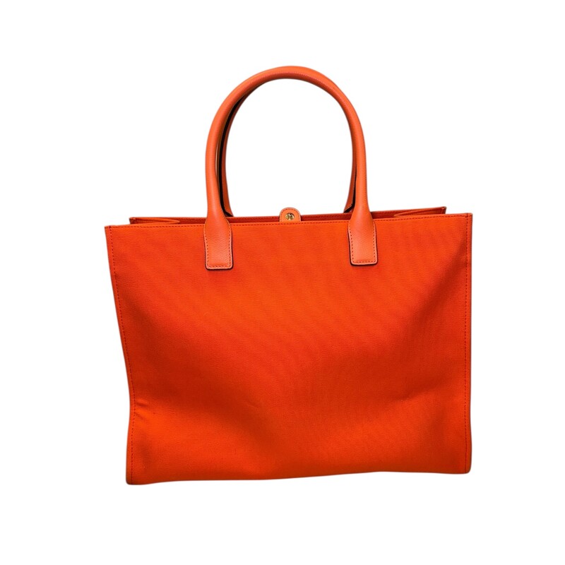 Versace La Medusa Canvas Orange Tote<br />
<br />
Dimensions: 15 L X 12 H inches<br />
<br />
In very good condition. Some faint marks on the canvas, interior marks and corner wear.<br />
<br />
Does not come with original dust bag or box,