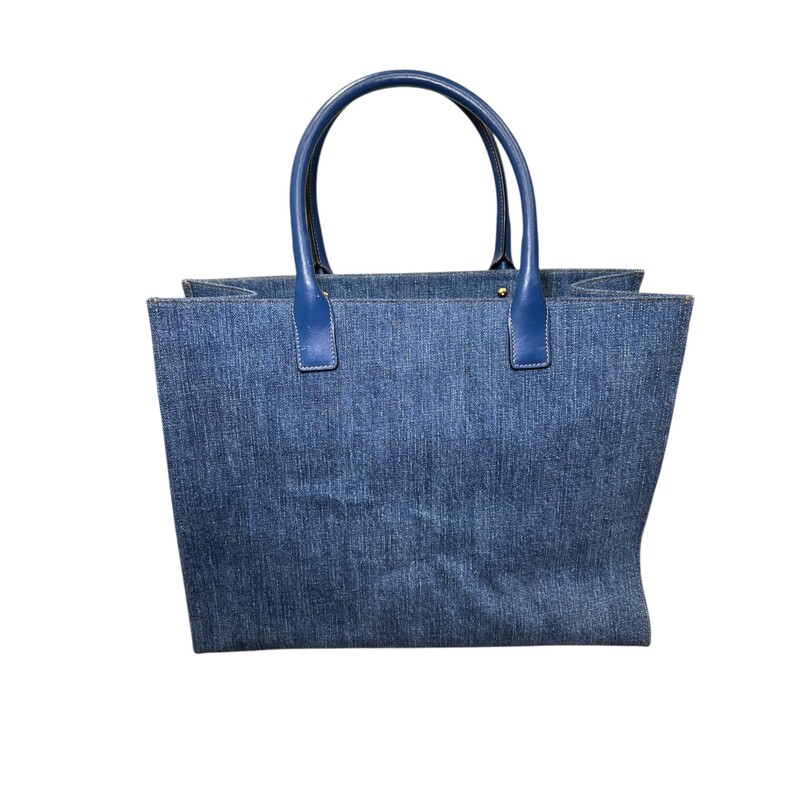 Versace La Medusa Denim Tote<br />
<br />
Dimensions: 15 L X 12 H inches<br />
<br />
In good condition. Minor stain on the front of the bag and minor corner wear.<br />
<br />
Does not come with original dust bag or box.
