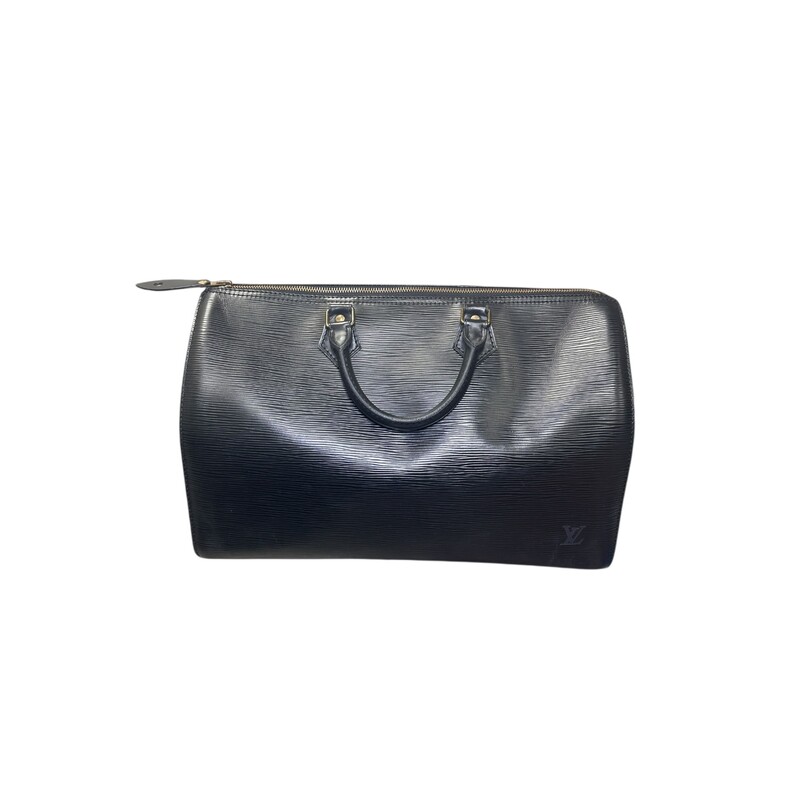 Louis Vuitton Speedy Epi Black 35<br />
<br />
Date Code: VI 0970<br />
<br />
Dimensions:<br />
Base length: 14.75 in<br />
Height: 10 in<br />
Width: 7.75 in<br />
Drop: 3.5 in<br />
<br />
In very good condition Very faint scratching on the the leather.<br />
<br />
Does not come with original dust bag or box.