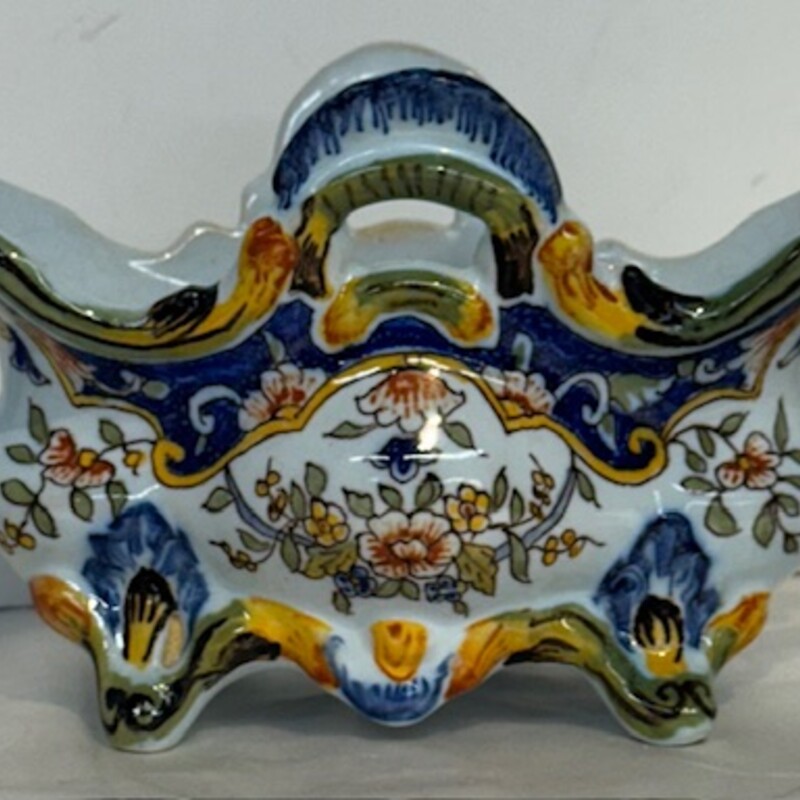 French Faience Jardiniere Footed Small Pot
Blue Green Yellow Orange Size: 8 x 4H