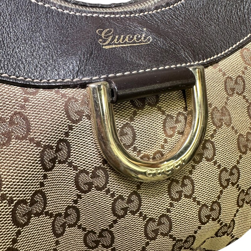 Gucci D Ring Large Monogram Tote<br />
<br />
Style Code: 189833 502752<br />
<br />
Dimensions:<br />
<br />
In good condition. Wear to the handle, leather trim and canvas.<br />
<br />
Does not come with the original dust bag or box.