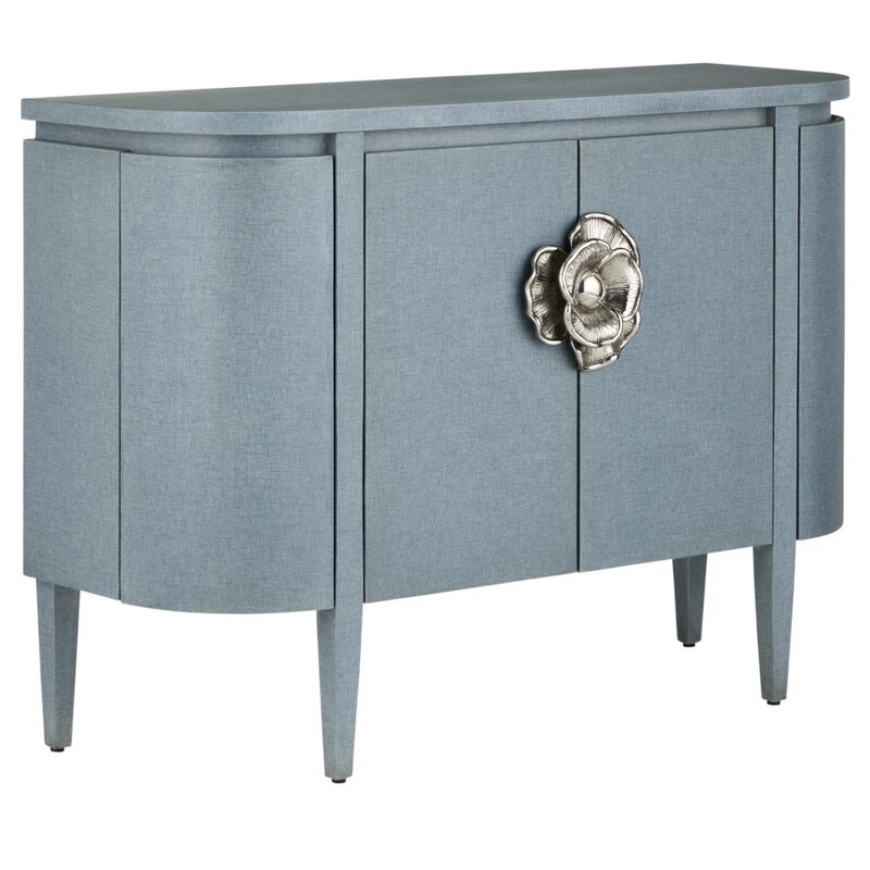 Currey & Co Briallen Demilune Cabinet
Blue Gold Size: 48 x 17 x 34.5H
Laquered blue linen/polished nickel
White oak solds & veneer/brass
Retails: $4740