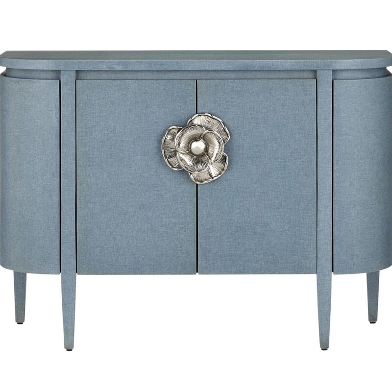 Currey & Co Briallen Demilune Cabinet
Blue Gold Size: 48 x 17 x 34.5H
Laquered blue linen/polished nickel
White oak solds & veneer/brass
Retails: $4740
