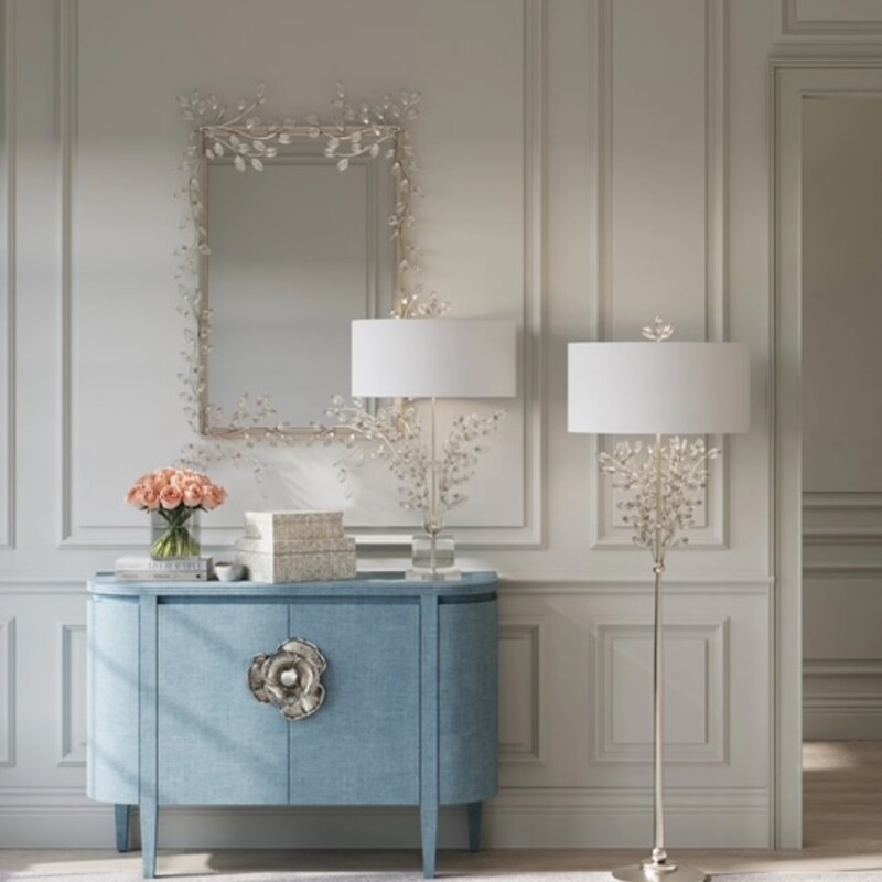 Currey & Co Briallen Demilune Cabinet
Blue Gold Size: 48 x 17 x 34.5H
Laquered blue linen/polished nickel
White oak solds & veneer/brass
Retails: $4740