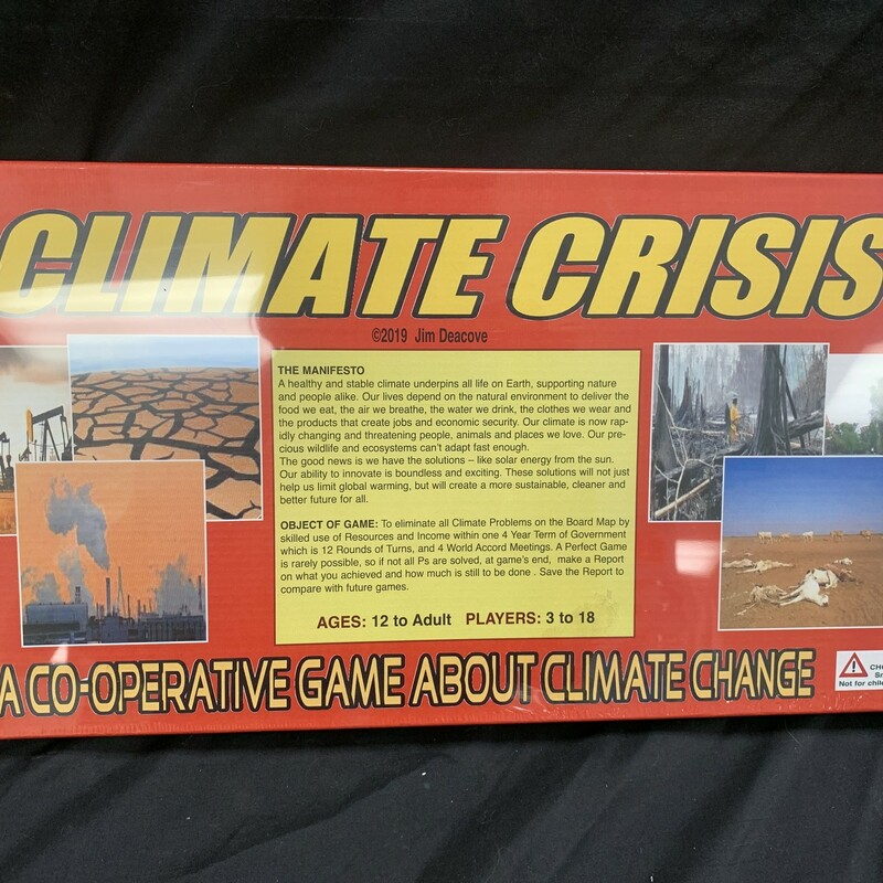Object of the game: to eliminate all climate problems on the moard map by skilled use of resources and income within one 4 year term of government.<br />
Ages 12-adult<br />
Players 3-18