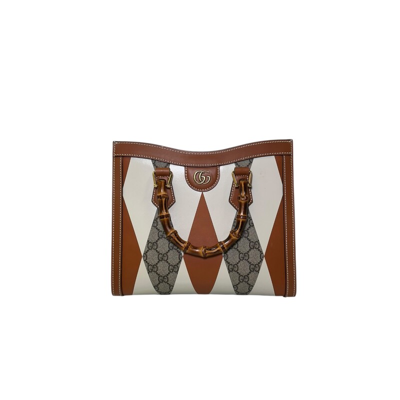 Gucci Diana Rhombus Leather Bamboo Top Handle<br />
<br />
2 Way Crossbody Bag<br />
<br />
Style Code: 721168.520981<br />
<br />
Dimensions:<br />
Handle Drop: 3.25<br />
Height: 9.5<br />
Width: 10.75<br />
Depth: 4.25<br />
<br />
In very good condition. Very faint marks on the bottom of the bag.<br />
<br />
Does not come with original dust bag or box.
