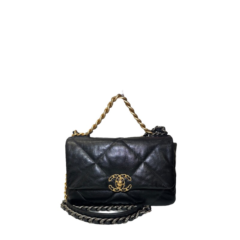 Chanel Lambskin Quilted Medium Chanel 19 Flap Black<br />
<br />
Dimesnions:<br />
Base length: 10.5 in<br />
Height: 7 in<br />
Width: 3 in<br />
Drop: 3.5 in<br />
Drop: 20 in<br />
<br />
In excellent condition. Light scuffing to leather and hardware.<br />
<br />
Comes with original  dust bag and box.