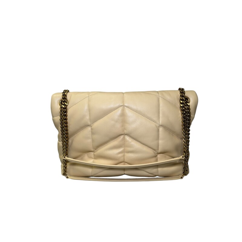 Saint Laurent Loulou Lambskin Puffer in Jaune Pale<br />
Medium<br />
<br />
Style Code: GAB577475.0422<br />
<br />
Dimensions:13L x 9 H  x 4.75 W<br />
<br />
In excellent condition.<br />
<br />
Comes with the original dust bag. No box.