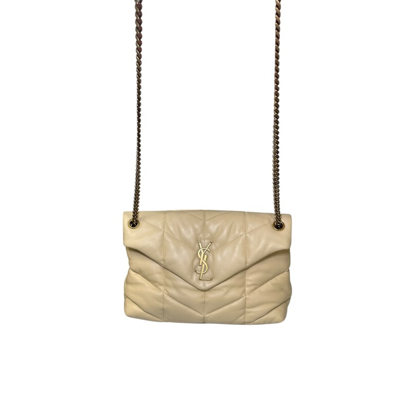 Saint Laurent Loulou Lambskin Puffer in Jaune Pale<br />
Medium<br />
<br />
Style Code: GAB577475.0422<br />
<br />
Dimensions:13L x 9 H  x 4.75 W<br />
<br />
In excellent condition.<br />
<br />
Comes with the original dust bag. No box.