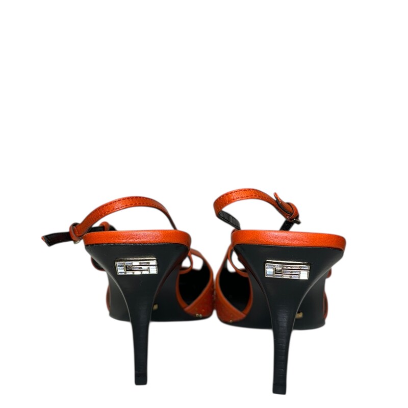 Gucci Crystal Slingback Kid Square Toe Orange<br />
<br />
Size: 41<br />
<br />
In excellent conditioln. Light scuffing to the bottom of the sole.<br />
<br />
Does not come with the original dust bag or box.