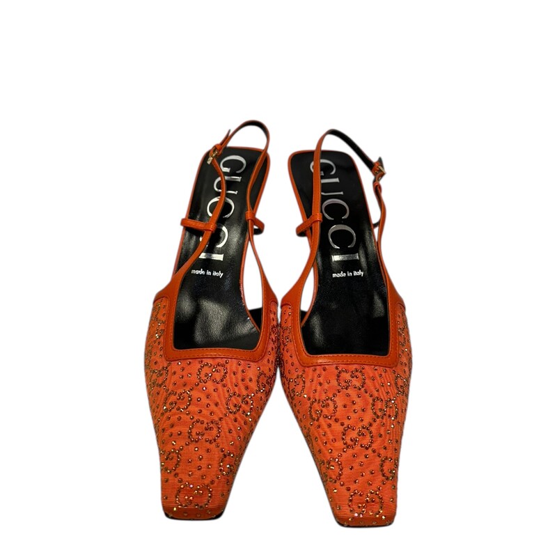 Gucci Crystal Slingback Kid Square Toe Orange<br />
<br />
Size: 41<br />
<br />
In excellent conditioln. Light scuffing to the bottom of the sole.<br />
<br />
Does not come with the original dust bag or box.