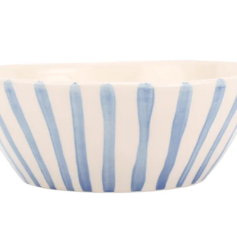 Vietri Modello Deep Cereal Bowl
Blue Cream Stoneware
Size: 6x2H
The Modello Collection is inspired by the fashion trends lining the runways of Milan, and it brings sophistication and durability to everyday dining with a lively stripe design. Microwave, Dishwasher, Freezer and Oven Safe.   NEW- Retail $54  Coordinating Pieces Sold Separately.