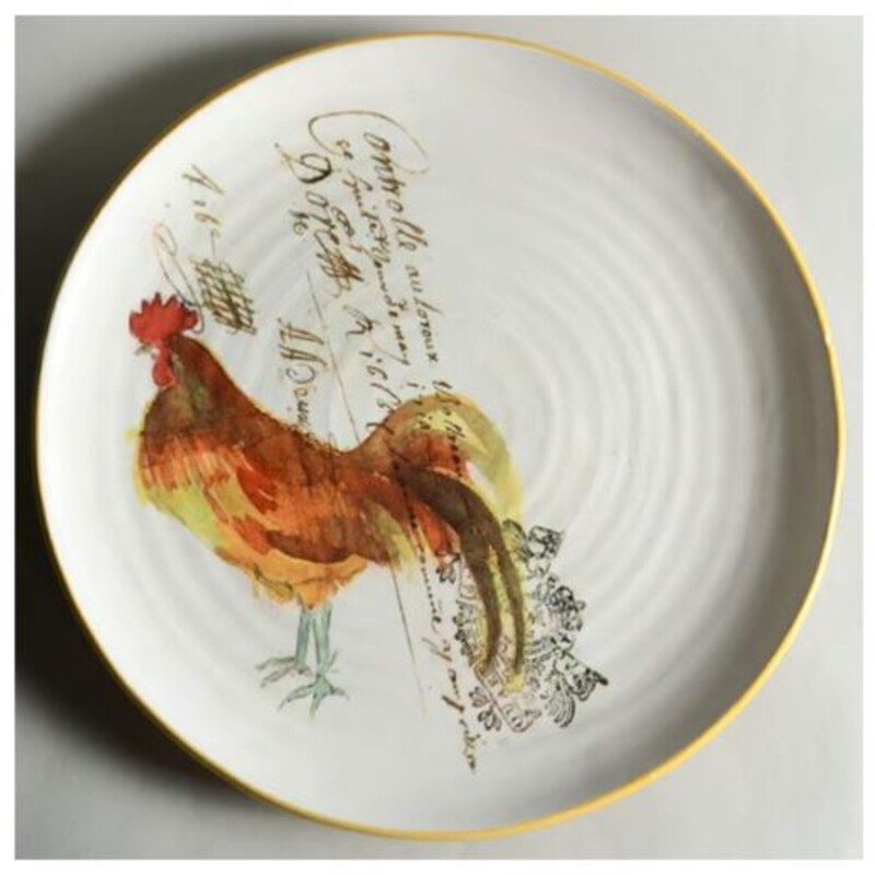 Williams Sonoma Rooster Script Plate
White Yellow Red Brown
Size: 15dia