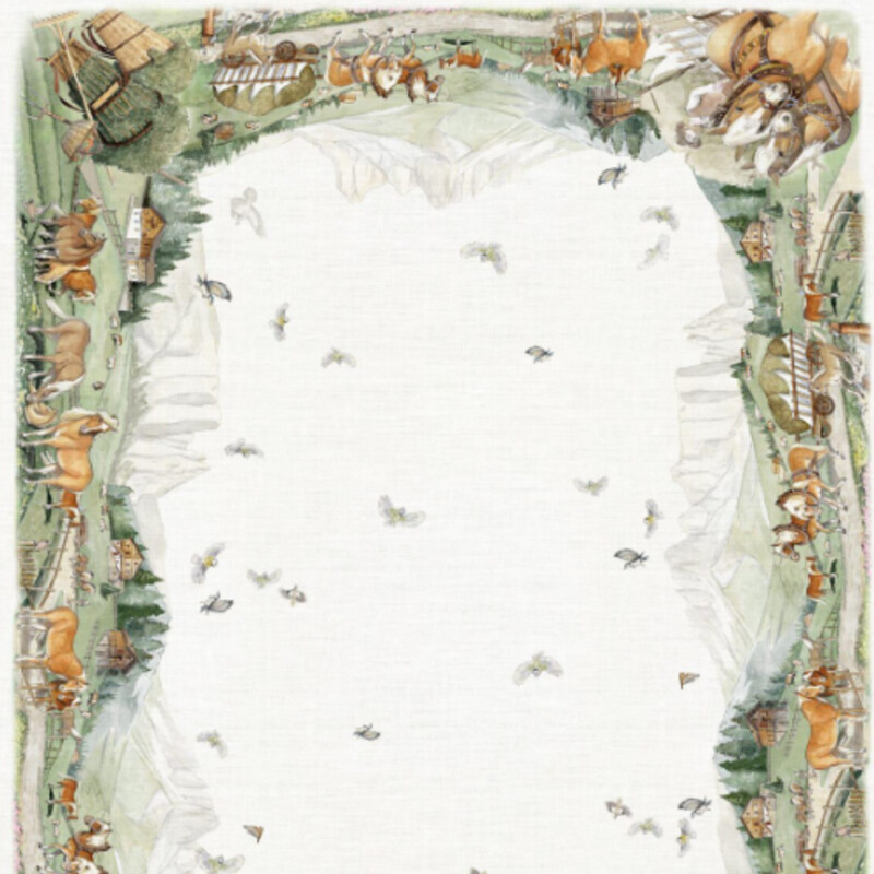 Tessitura Toscany Horses Naturalle Tablecloth<br />
Taupe Green Tan  100% Linen<br />
Size: 67x67<br />
Linen tablecloth with horses and mountains printed on a natural colored linen with a natural colored border all around. 100% linen.  Tessitura Toscana Telerie is a wonderful linen company that has been making their products for over 70 years in Tuscany, Italy.<br />
NEW Retail $240