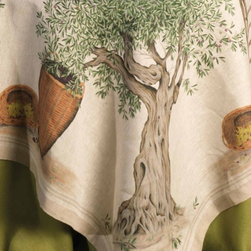 Tessitura Toscany Olives Naturalle Tablecloth<br />
Taupe Green Purple  100% Linen<br />
Size: 67x67<br />
D.O.P. -- which means Denominazione di Origine Protetta (or Protected Origin Destination) has been applied to these olive trees shown during harvest.  Printed on a natural colored linen with a natural colored border all around. 100% linen.  Tessitura Toscana Telerie is a wonderful linen company that has been making their products for over 70 years in Tuscany, Italy.<br />
NEW Retail $180