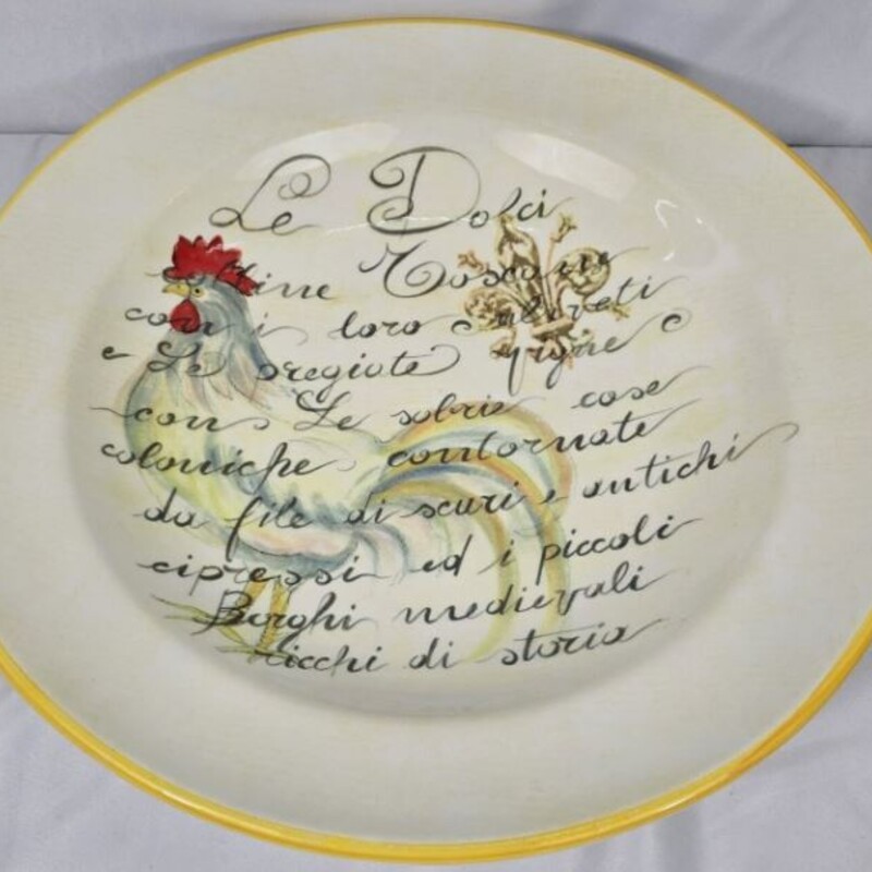 Deruta Rooster Script Bowl
White Yellow Red Brown
Size: 15dia