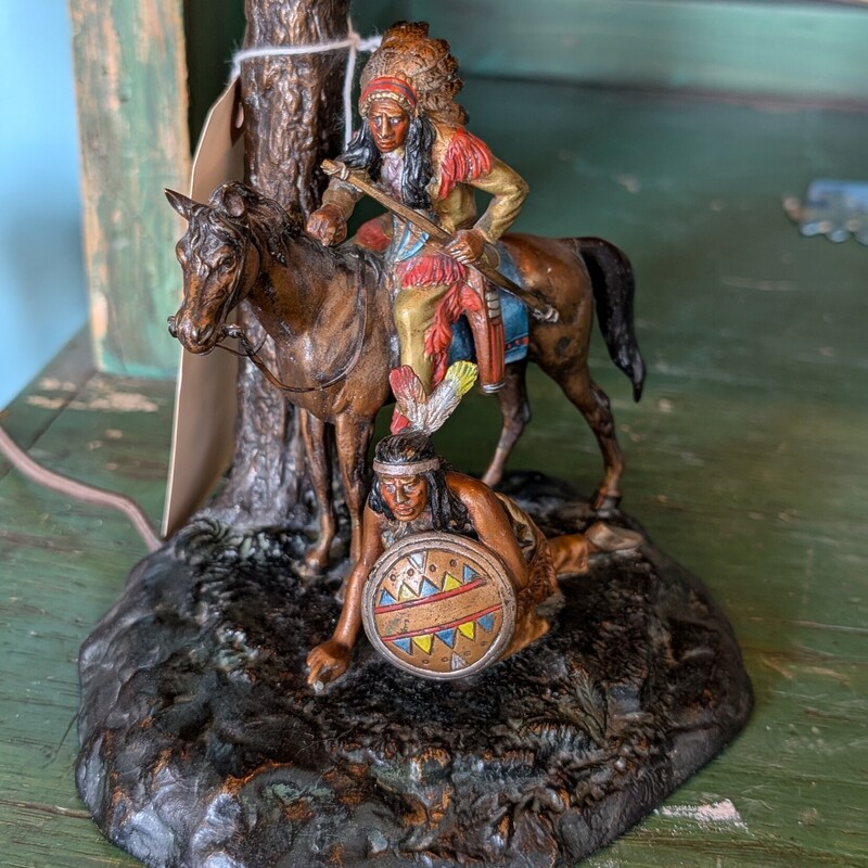 Native American Vintage Metal Lamp,<br />
Stain Glass added, not original shade.<br />
8w x 19h