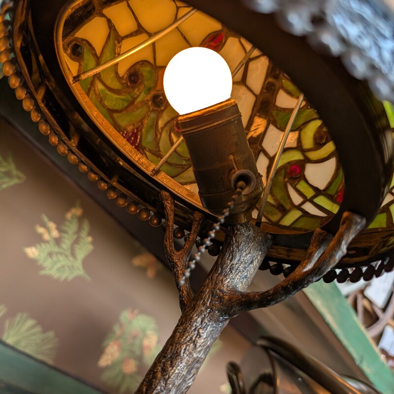 Native American Vintage Metal Lamp,<br />
Stain Glass added, not original shade.<br />
8w x 19h