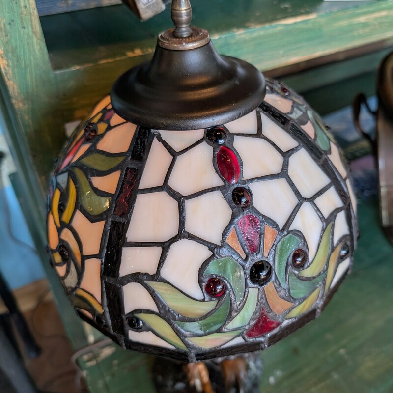 Native American Vintage Metal Lamp,<br />
Stain Glass added, not original shade.<br />
8w x 19h
