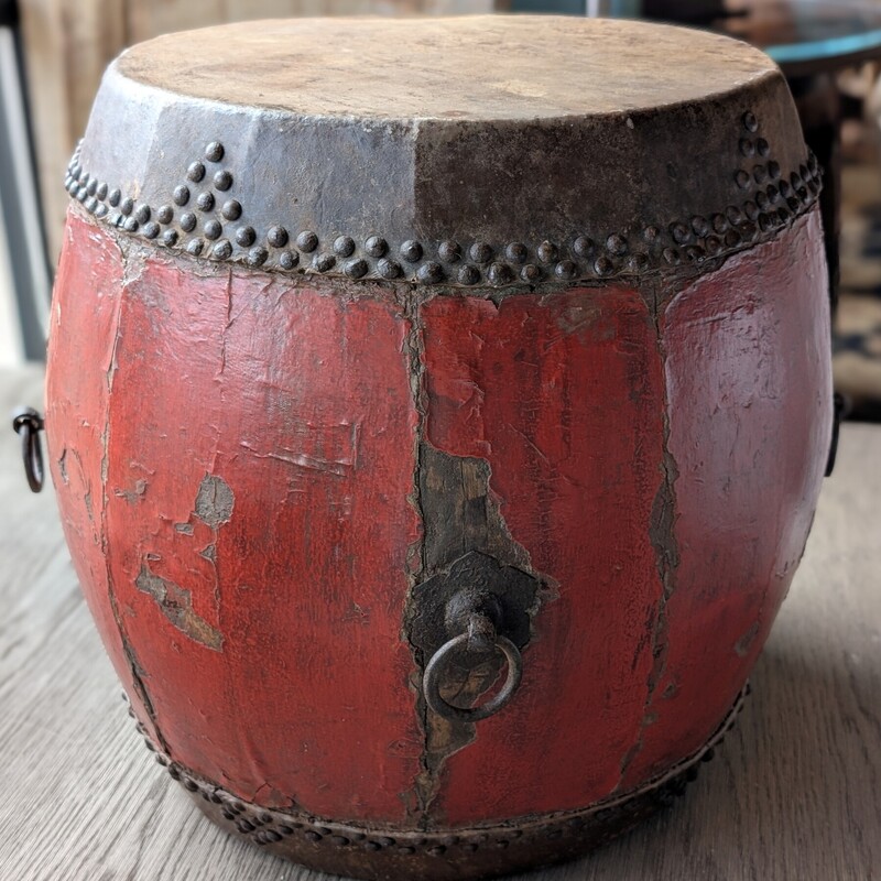 Chinese Folk Drum Antique, Red, Nailheads
22 x 19.5h