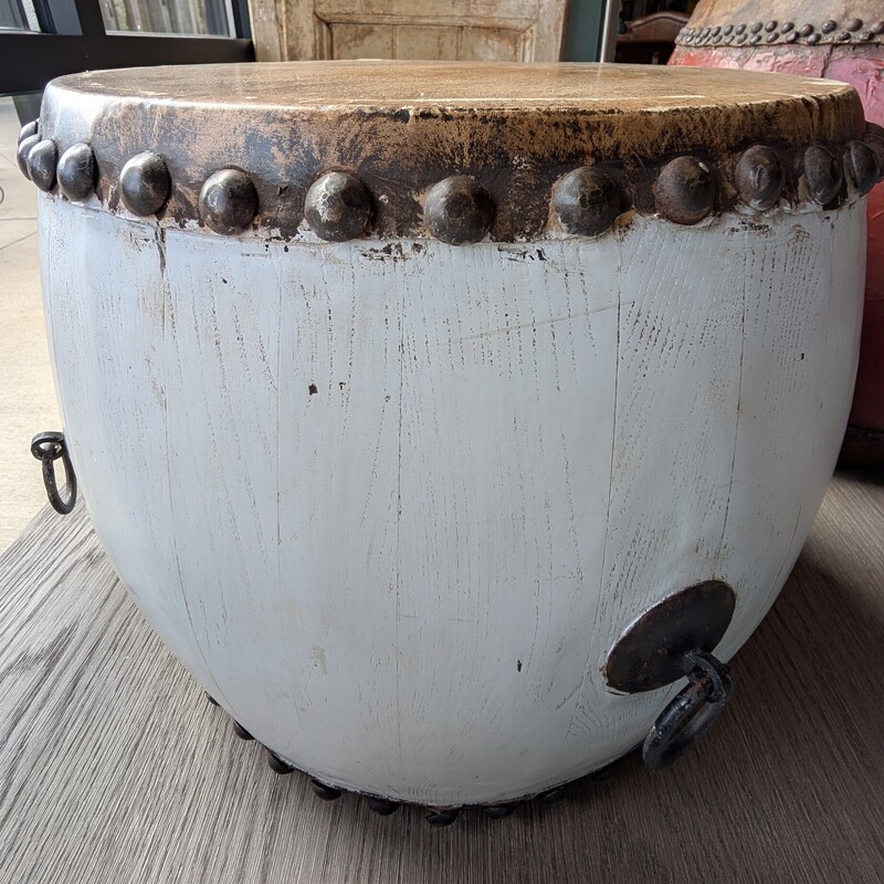 Chinese Folk Drum Antique, White, Nailheads
20 x 16h