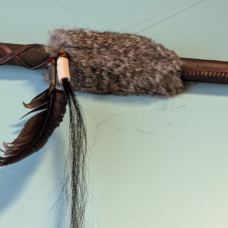 Spear W/metal Head Beads, Leather, Rabbit Fur
56in