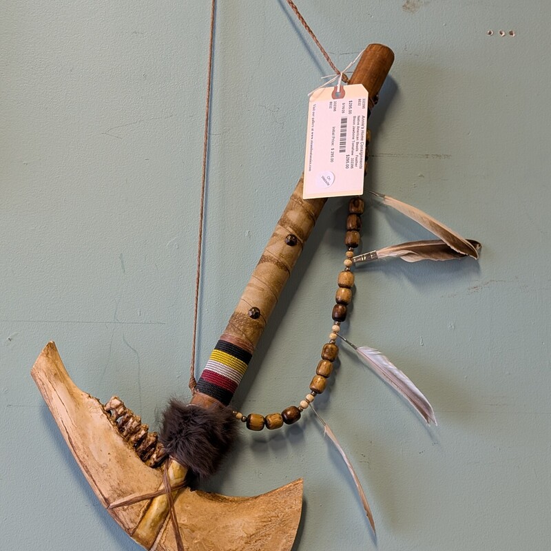 Bison Jawbone Tomahawk, Beads,  Feather
11w x 22h