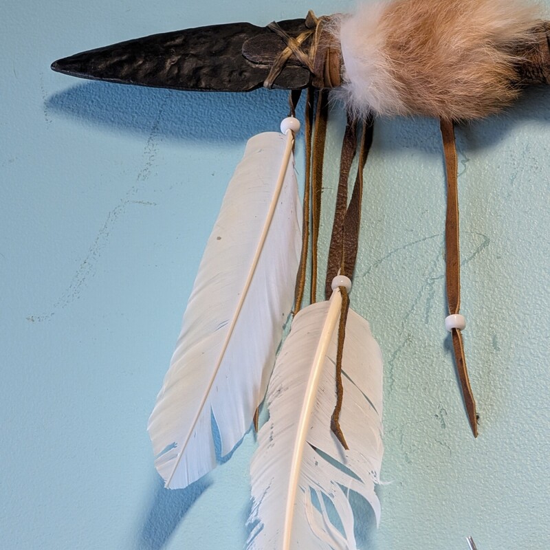 Spear W/metal Head Beads, Leather, Feathers<br />
64in