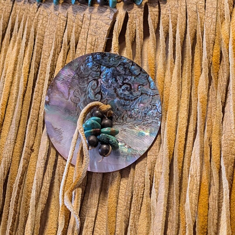 Navajo Squaw Dress, Deer Hide, Turquoise<br />
36w x 50h