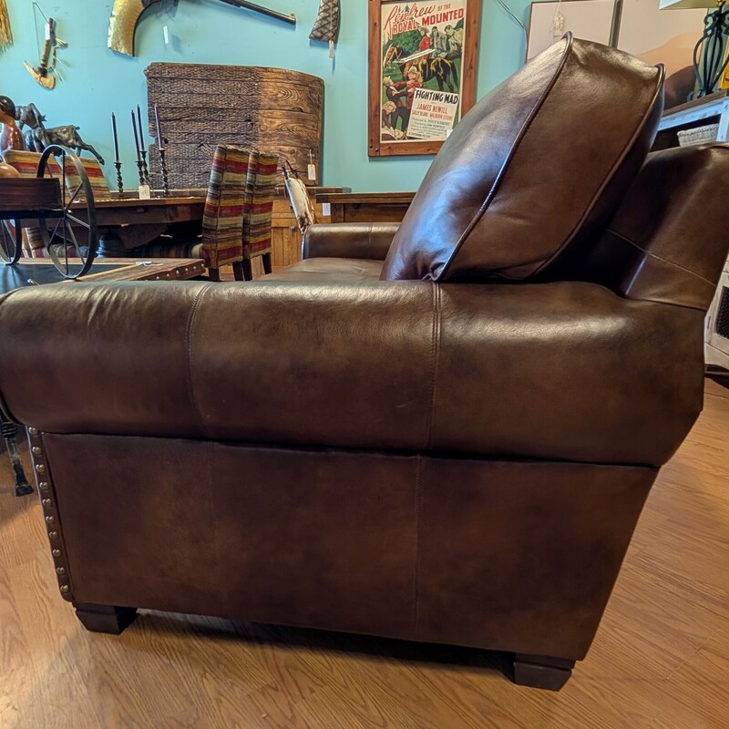 Smith Brothers Brown Leather Sofa with Nailheads
Attached Back Cushions
82w x 37d x 35h