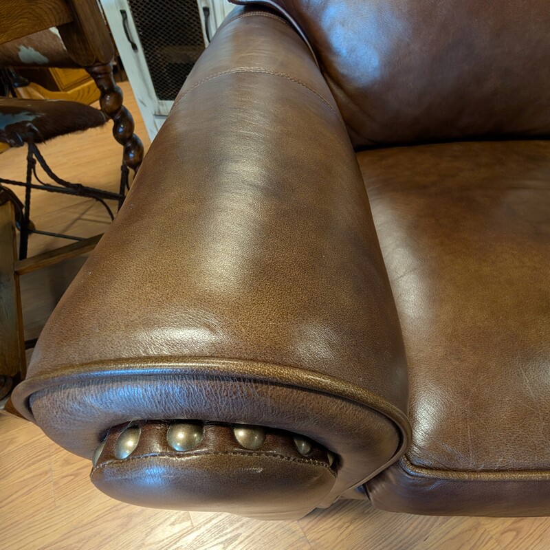 Smith Brothers Brown Leather Sofa with Nailheads<br />
Attached Back Cushions<br />
82w x 37d x 35h