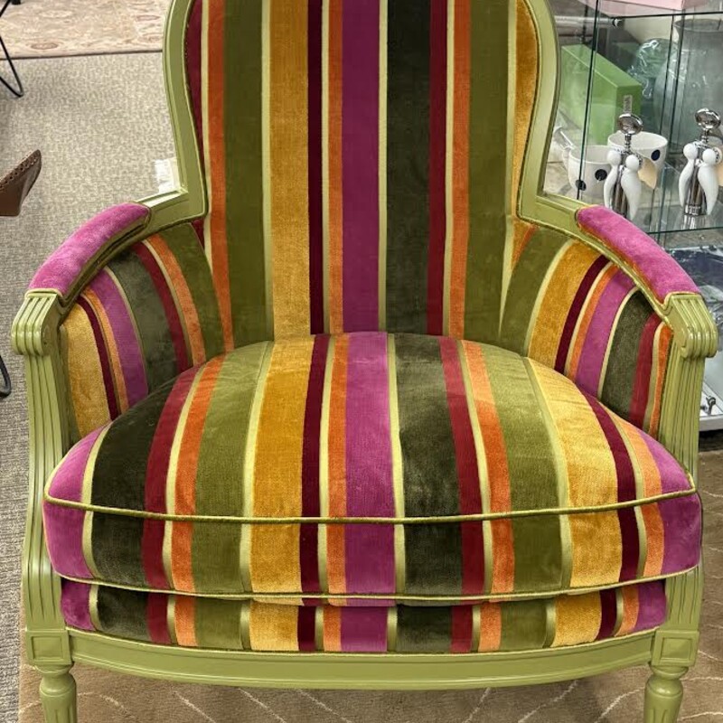 Designer Striped Louis XVI Chair
Pink Green Mustard Gold Velvet with Wood Trim
Size: 32x34x41H
Exquisite - Coordinating Chair Sold Separately
