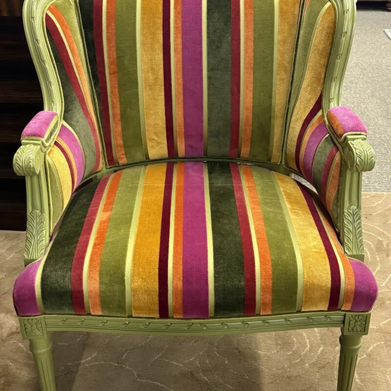 Designer Striped Louis XVI Chair
Pink Green Mustard Gold Velvet with Wood Trim
Size: 29x30x38.5H
Exquisite - Coordinating Chair Sold Separately