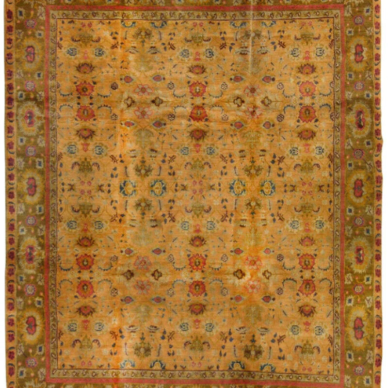 Tufenkian Tibetan Artisan Rug
Gold Green Blue Pink Wool
Size: 8.75x11.4
Highland Wool that has been spun, dyed and woven by hand. Retail $6K-15K