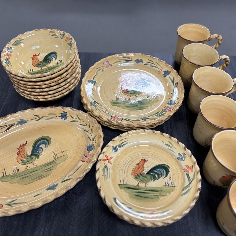 Chicken Dishes, 1 platter, 6 cups, 4 salad plates, 3 dinner plates, 8 bowls.