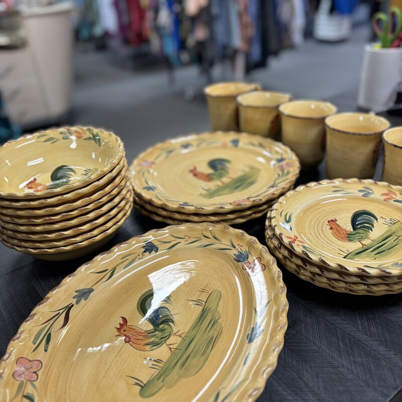 Chicken Dishes, 1 platter, 6 cups, 4 salad plates, 3 dinner plates, 8 bowls.